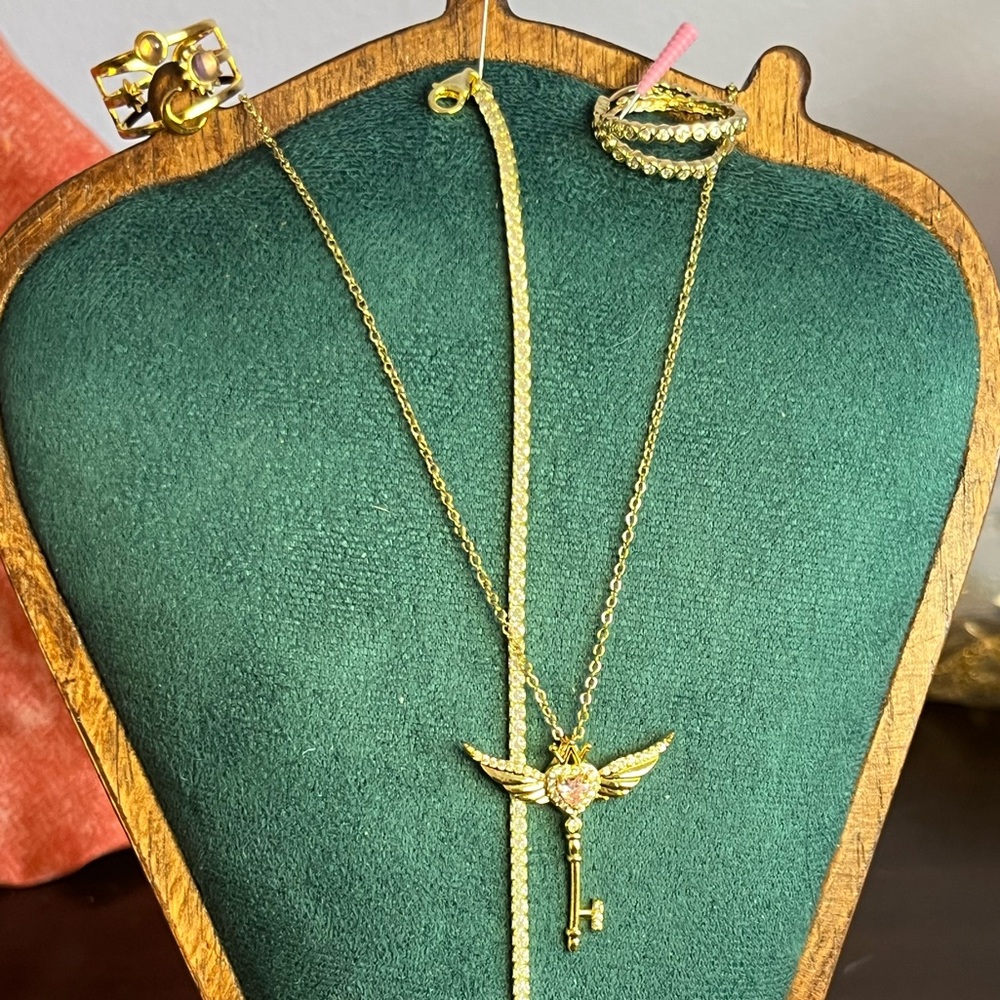 Gold Winged Key Pendant Necklace, CZ Diamond Bracelet, Earrings, Whimsical Ring